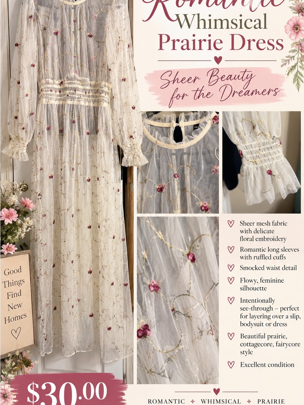 SHEIN Cream Sheer Mesh Prairie Dress with Pink Floral Embroidery